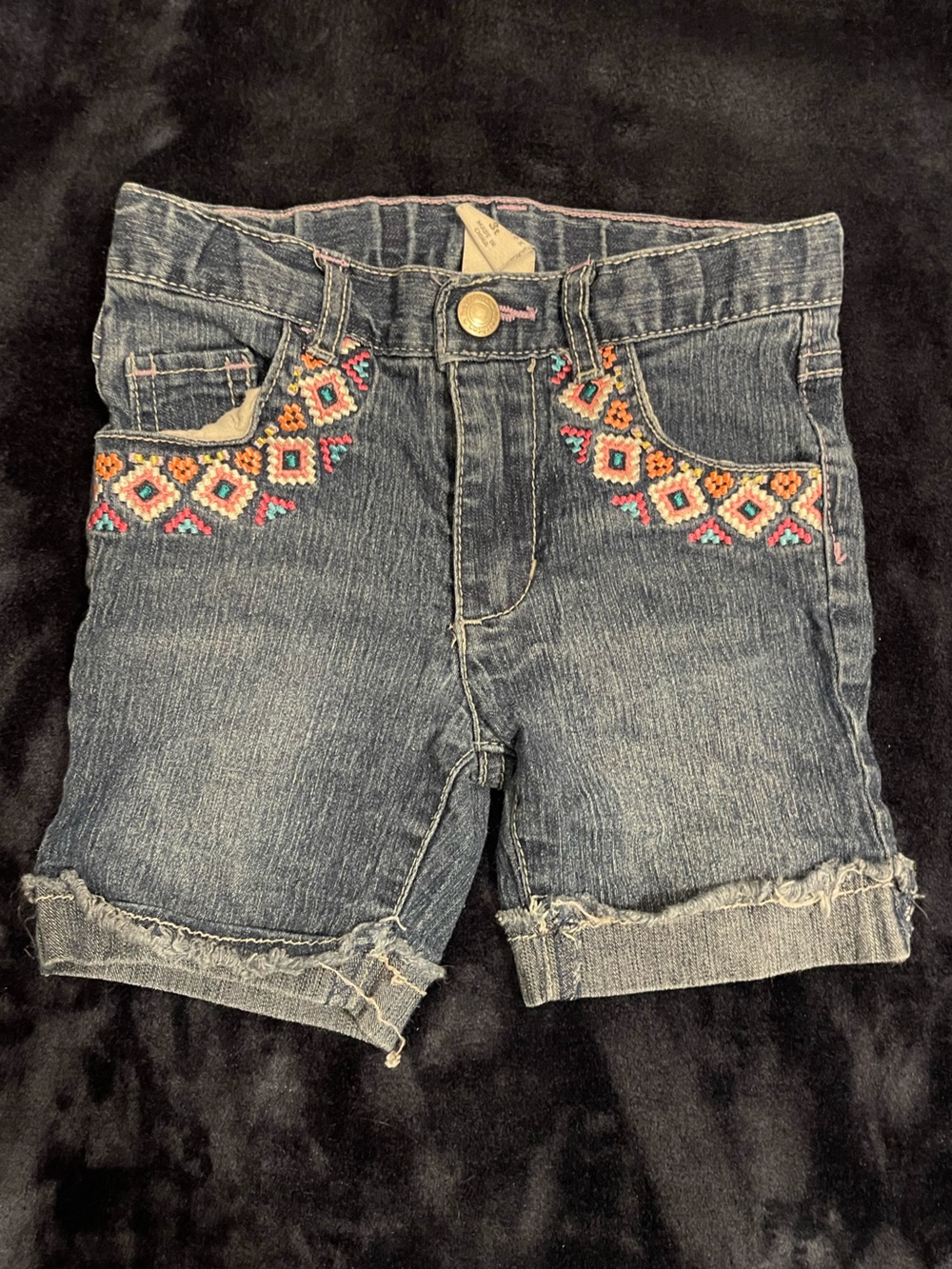 healthtex Dark Denim Shorts with Colorful Embroidered Trim